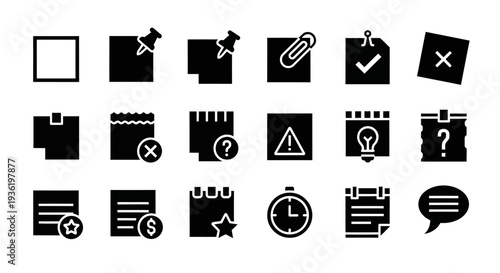 A collection of black icons representing various office and productivity symbols on a clean white background viewed from directly above