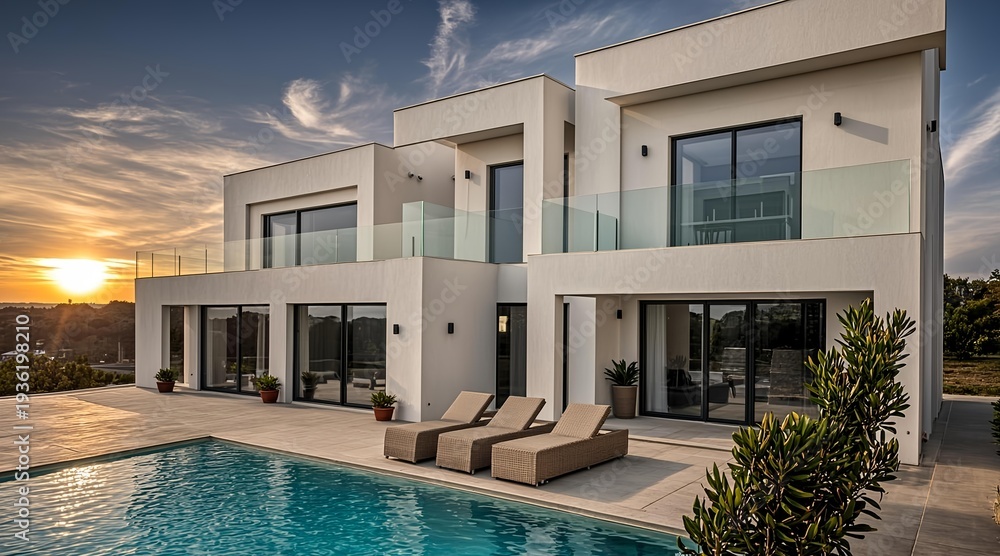 Fototapeta premium Modern luxury villa with pool and lounge chairs at sunset