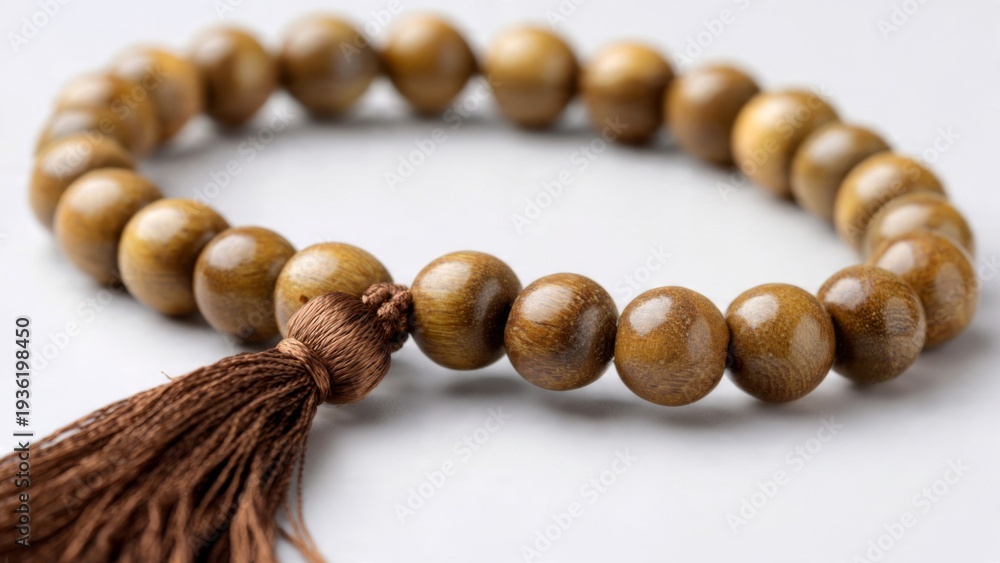 Obraz premium Wooden Buddhist Prayer Beads with Tassel on White Background