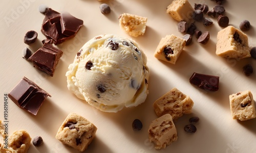  Include a scoop of vanilla ice cream with chocolate chips and chunks of cookie dough within, and pieces of broken chocolate chips and chunks of cookie dough