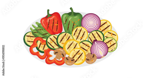 Assortment of Grilled Vegetables on a Plate: Bell Peppers, Onions, Zucchini, Squash, Mushrooms