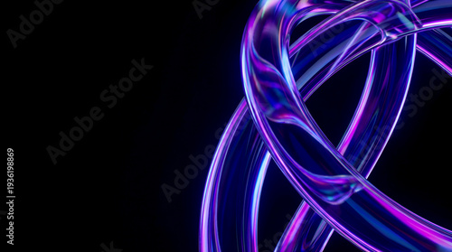 Abstract 3D iridescent optical glass tubes on black background, holographic neon light refraction mockup with copy space.
