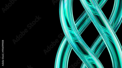 Abstract 3D iridescent optical glass tubes on black background, holographic neon light refraction mockup with copy space.

