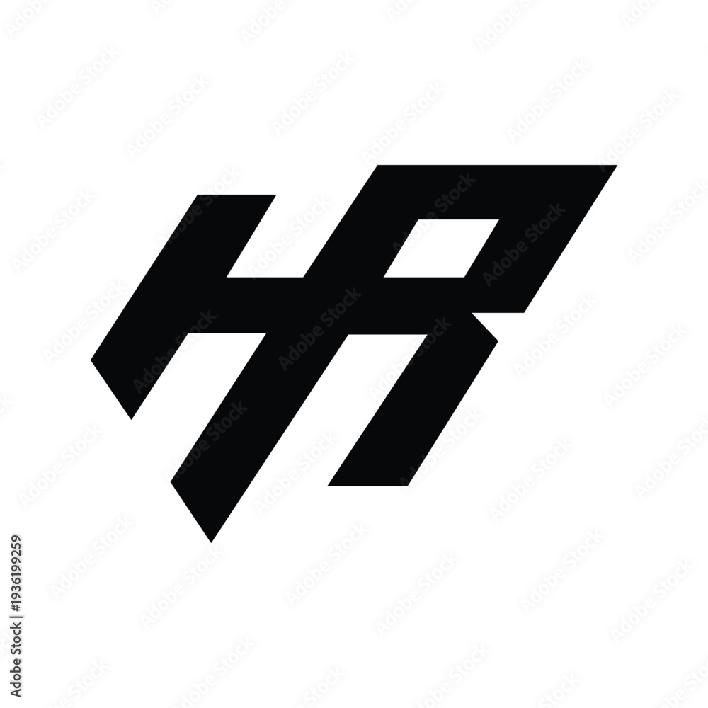 Fototapeta premium Bold stylized letters HR logo mark, abstract geometric design with strong lines and sharp angles.