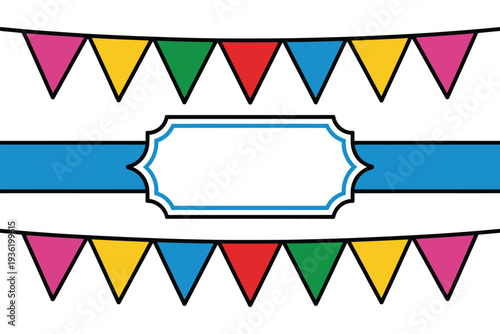 Colorful festive bunting flags and blank label for celebrations or party invitations