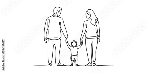 Continuous line drawing of a happy family with father mother and child holding hands together Vector, illustration