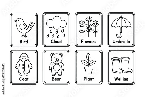 Set of cute, simple line art flashcards for early learning, featuring weather and nature elements.