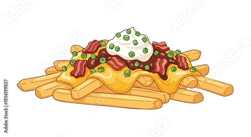 Delicious Loaded French Fries with Cheese, Bacon, and Peas - Appetizing Food Illustration