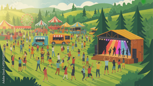 People enjoying outdoor music festival in green field with stage and food trucks