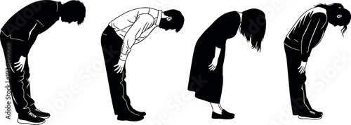 Vector silhouette illustration featuring four business people bowing deeply to show sincere apology respect or traditional Japanese corporate greeting etiquette