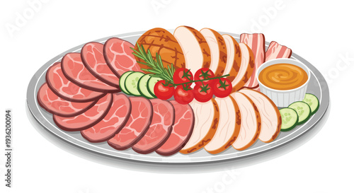 Gourmet Meat Platter: Sliced Roast Beef, Turkey, Bacon, and Ham with Garnish