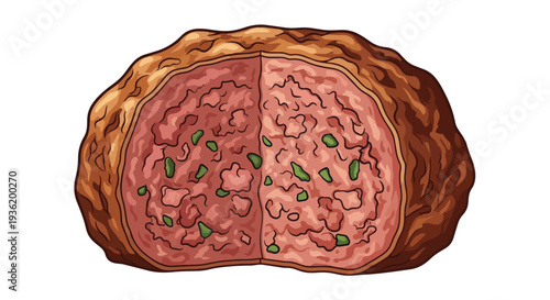Cross-section of a cooked meatball with herbs, showing texture and ingredients