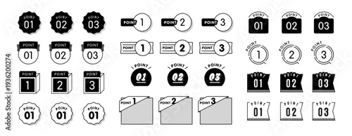 モノクロ黒白のPOINT番号入りバッジ・パーツ・ラベル・リボン見出しアイコンセット｜LPやWeb・UIデザインの強調表示・ステップ解説用ベクター素材集