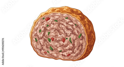 Close-up of a single, golden-brown baked meatball with visible herbs and spices inside