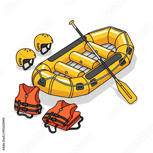 Yellow inflatable raft with life vests and helmets, ready for adventure