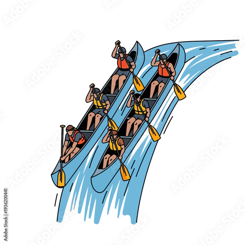 Canoeing Team Navigates Rushing Water, Outdoor Adventure and Sport