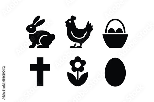 Easter and spring with a bunny, chicken, basket, cross, flower, and egg  icons
