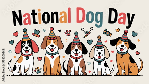 Five happy dogs wearing party hats celebrate national dog day with colorful hearts and decorations