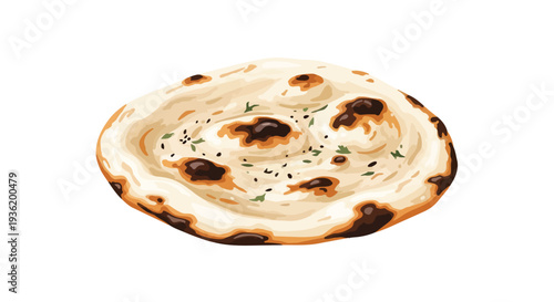 Freshly baked naan bread with charred spots and herbs, isolated on white background