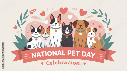National pet day celebration with diverse group of cute dogs and cats surrounded by hearts and leaves on beige background