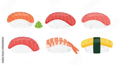 Assortment of Fresh Sushi Nigiri: Salmon, Tuna, Shrimp, and Tamagoyaki on White Rice