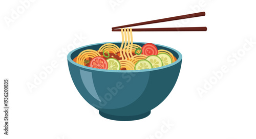 Delicious Noodle Bowl with Fresh Vegetables and Chopsticks, Asian Cuisine
