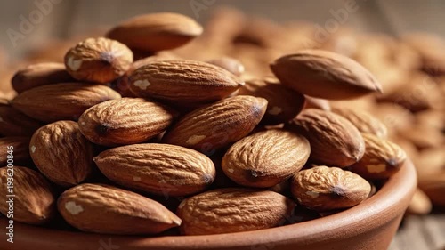 Delicious raw almonds falling into a rustic bowl, ready for healthy snacking.