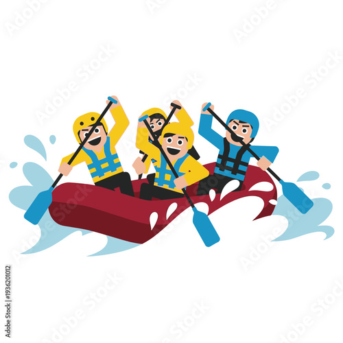 Happy people rafting on a river, teamwork, adventure, extreme sport, summer fun