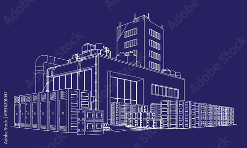Industrial Data Center Building Vector Line Art Illustration, Server Rack Infrastructure Technology Concept, Cloud Computing Facility Exterior, IT Network Storage Warehouse, Minimal 
