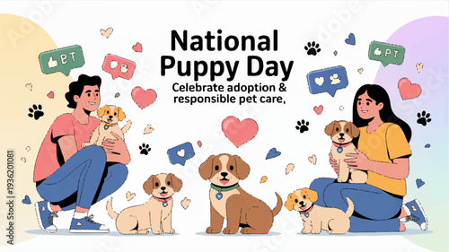 National puppy day celebration with diverse puppies and people