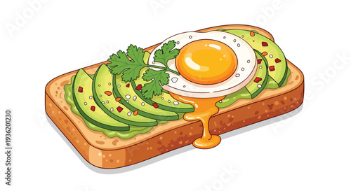 Delicious Avocado Toast with Fried Egg and Cilantro - Healthy Breakfast Food Illustration