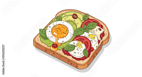 Healthy Avocado Toast with Fried Egg, Tomato, Mozzarella, and Basil