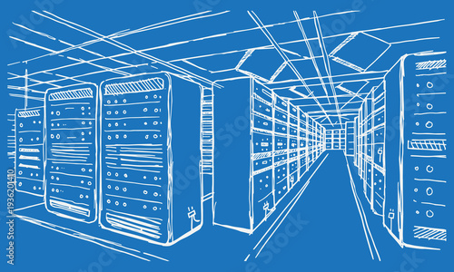 Industrial Data Center Building Vector Line Art Illustration, Server Rack Infrastructure Technology Concept, Cloud Computing Facility Exterior, IT Network Storage Warehouse, Minimal 