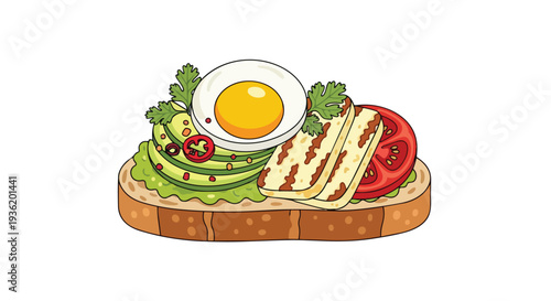 Healthy Avocado Toast with Fried Egg, Halloumi Cheese, Tomato, and Chili Flakes