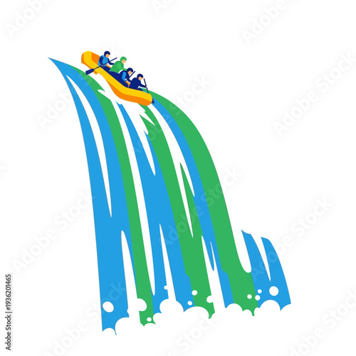 Rafting adventure on a stylized waterfall, extreme water sports, vibrant colors, vector illustration