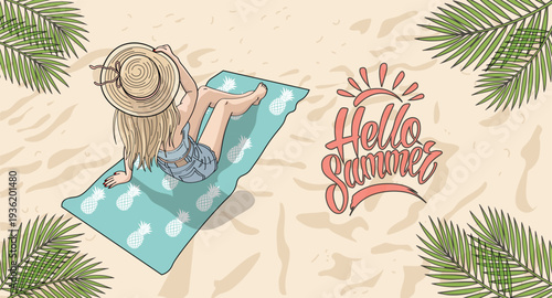 Top view of woman in straw hat relaxing on beach towel with palm leaves and Hello Summer lettering