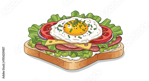 Delicious Open-Faced Sandwich with Fried Egg, Ham, Cheese, Tomato, and Lettuce on Toast