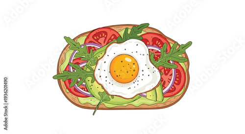 Healthy Avocado Toast with Fried Egg, Tomato, Onion, and Arugula