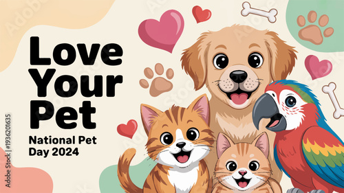 Colorful pets dog cat parrot love hearts national pet day 2024