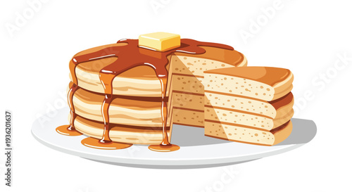 Delicious Stack of Pancakes with Butter and Syrup on a Plate, Breakfast Food Illustration