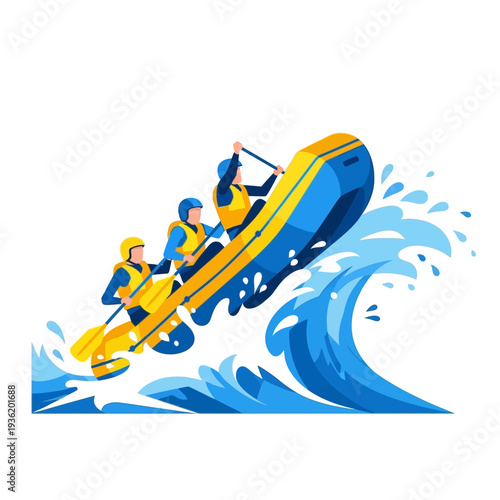 Rafting Adventure: Team Paddles Inflatable Boat Through Rushing Waves