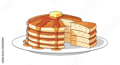 Delicious Stack of Pancakes with Butter and Syrup on a White Plate, Breakfast Food Illustration
