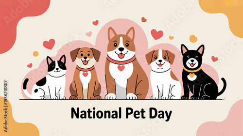 Five cute pets dogs and cats celebrating national pet day with hearts around them on a colorful background