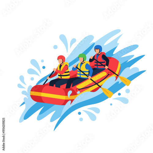 Rafting adventure: Three people in a raft paddling through water splashes.