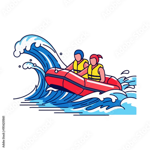 Rafting adventure: two people in a boat navigating a large ocean wave.