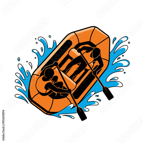 Rafting adventure: Two people in an orange raft paddling through blue water splashes