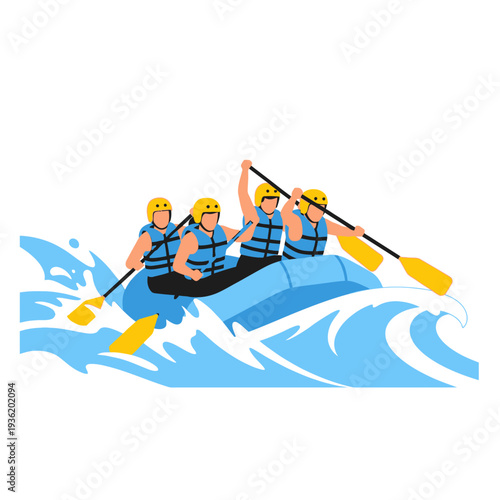 Rafting Team Paddling on White Water River, Extreme Sports Adventure