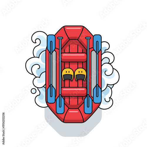 Red Raft Boat with Paddles and Helmets on White Water Waves