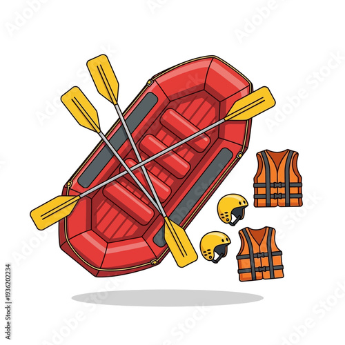 Red inflatable raft with paddles, life vests, and helmets, white background
