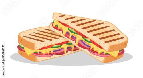 Delicious Grilled Panini Sandwich with Ham, Cheese, and Vegetables